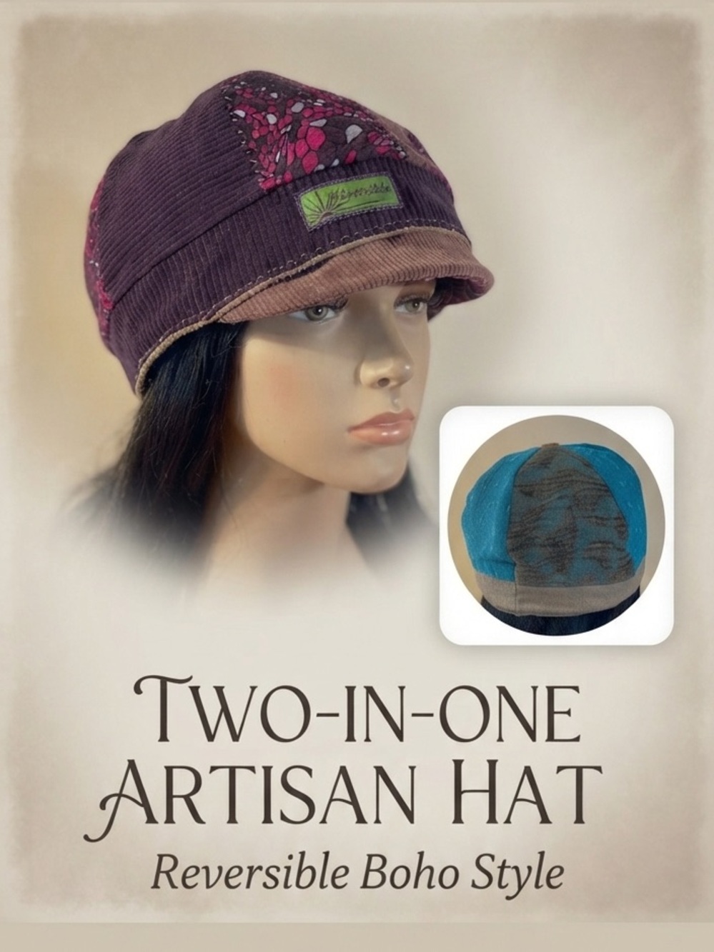 Reversible by Méversible Artisan Newsboy Hat - Mixed Media Boho Style